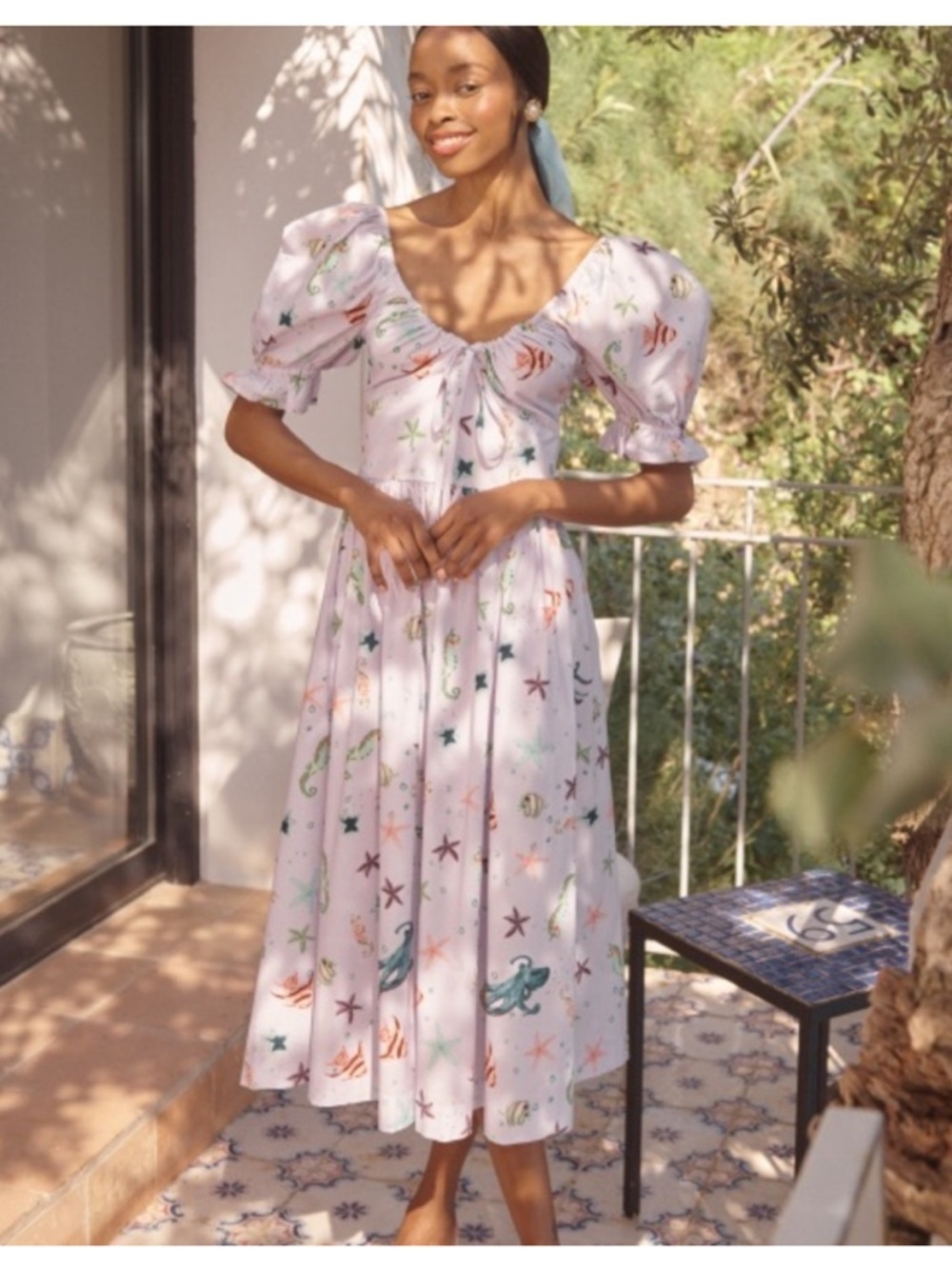 Hill House The Ophelia Nap Midi Dress Lavender Purple Fish Ocean Print Size S - Picture 4 of 9